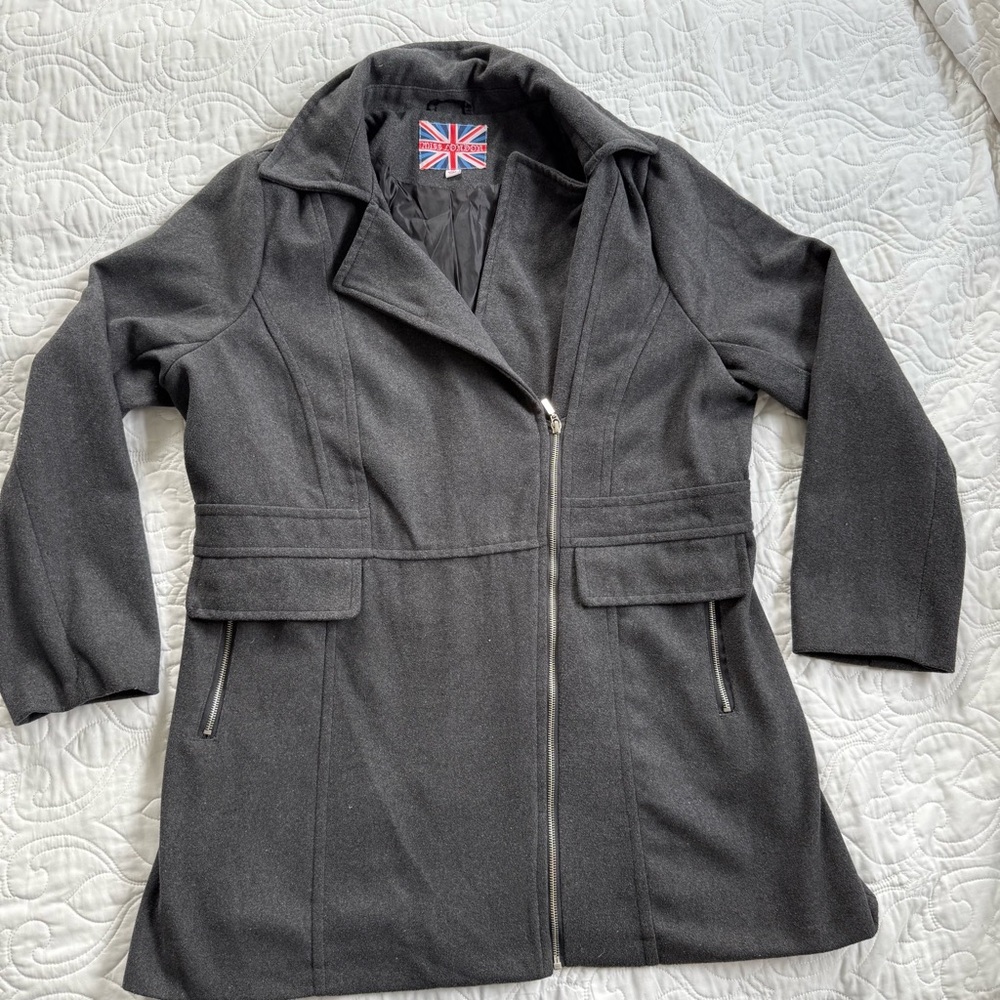 Miss London Gray Wool Blend Asymmetrical Zip Mid-length Coat Minimalist 2XL EUC